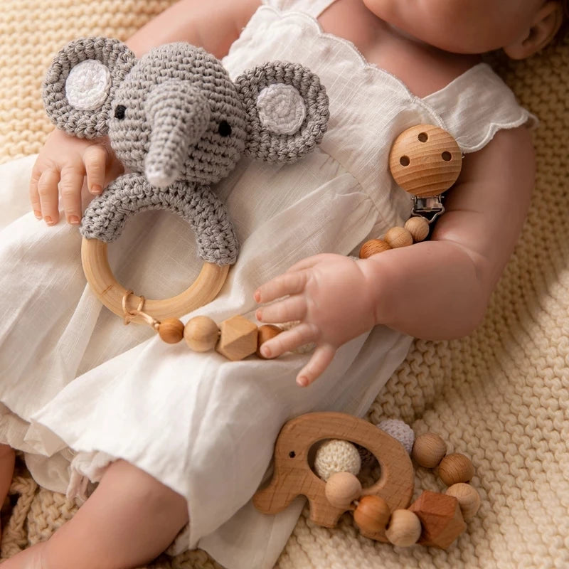 Wooden Crochet Animal Baby Rattle