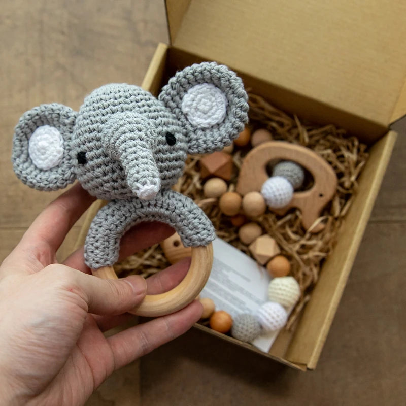 Wooden Crochet Animal Baby Rattle