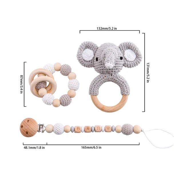 Wooden Crochet Animal Baby Rattle