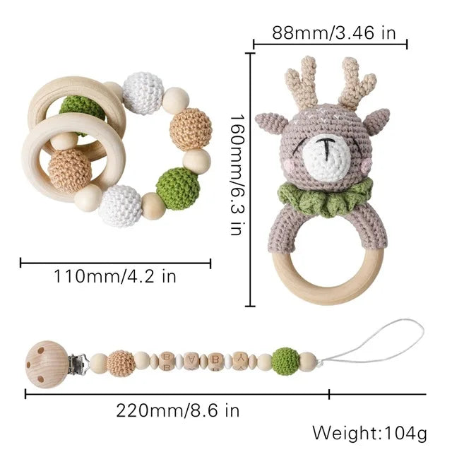Wooden Crochet Animal Baby Rattle