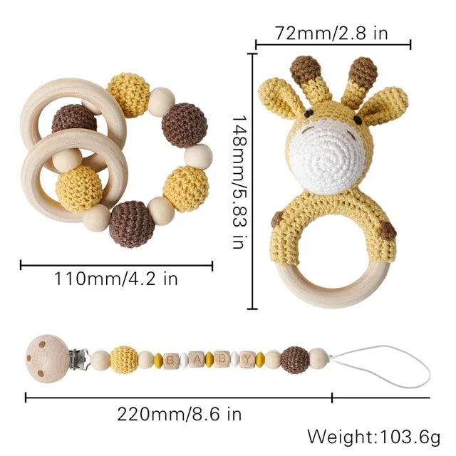 Wooden Crochet Animal Baby Rattle