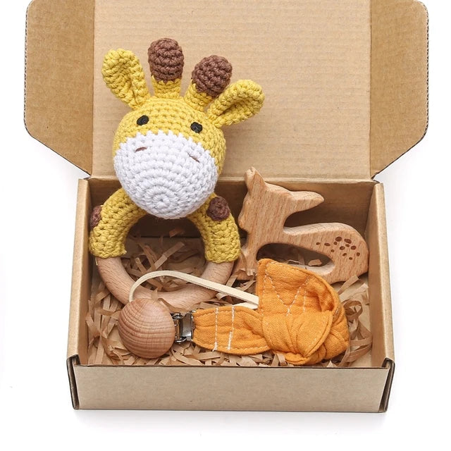 Wooden Crochet Animal Baby Rattle
