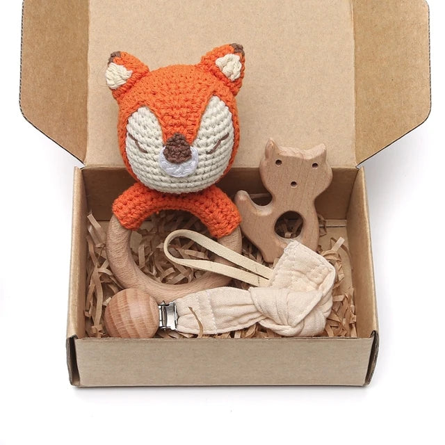 Wooden Crochet Animal Baby Rattle