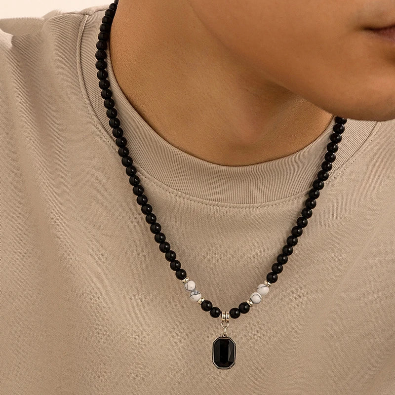 Black Beads with Square Pendant Necklace for Men