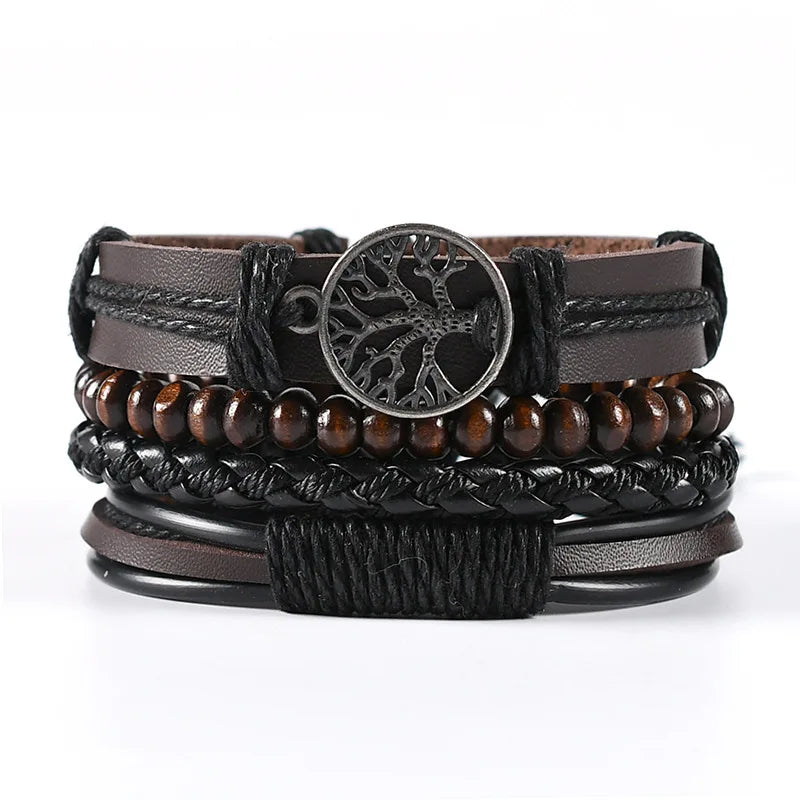 4Pcs/ Set Braided Wrap Leather Bracelets for Men