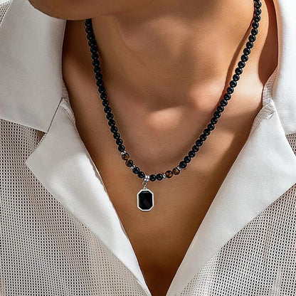 Black Beads with Square Pendant Necklace for Men
