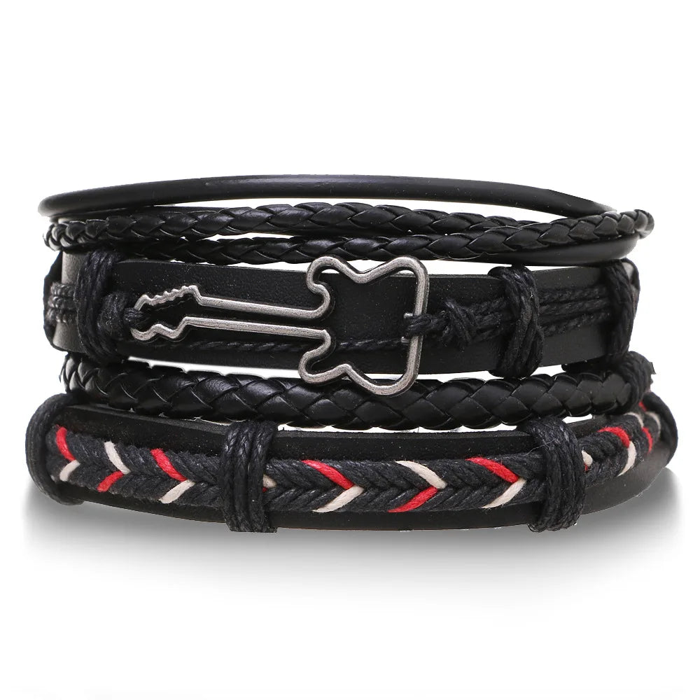 4Pcs/ Set Braided Wrap Leather Bracelets for Men