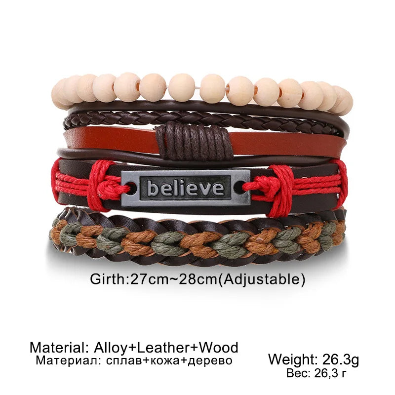 4Pcs/ Set Braided Wrap Leather Bracelets for Men