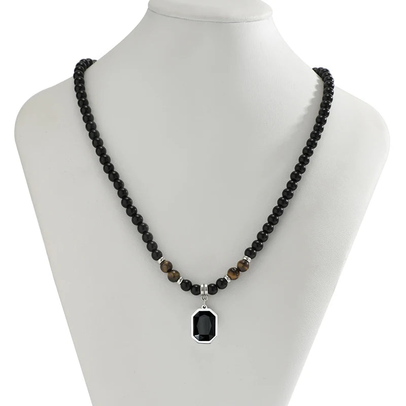 Black Beads with Square Pendant Necklace for Men
