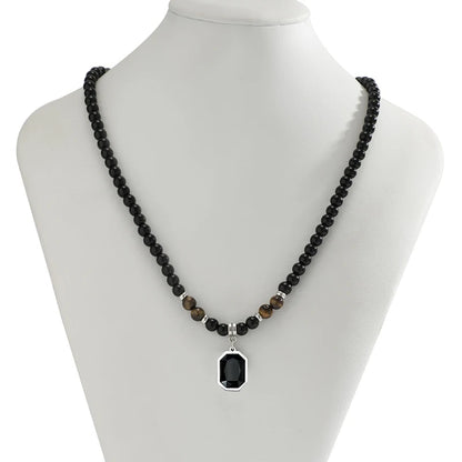 Black Beads with Square Pendant Necklace for Men