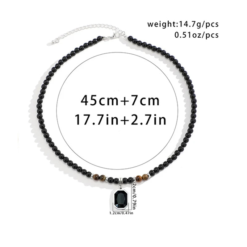 Black Beads with Square Pendant Necklace for Men