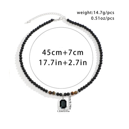 Black Beads with Square Pendant Necklace for Men