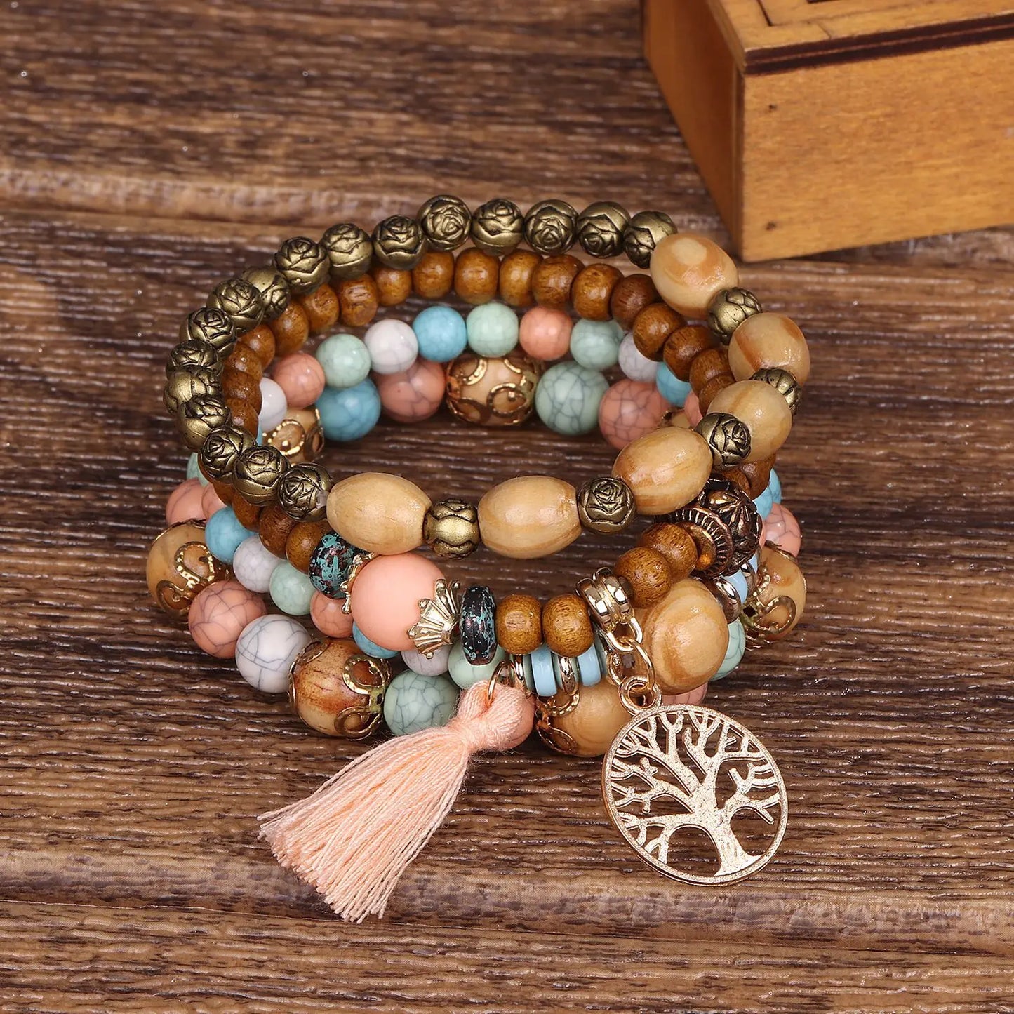 Women's Bohemian Tree Of Life Charm Beaded Bracelet Set of 4
