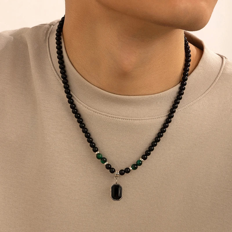 Black Beads with Square Pendant Necklace for Men