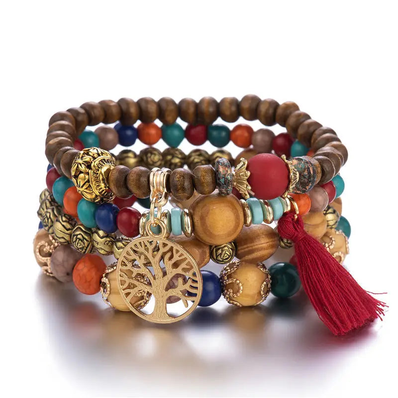 Women's Bohemian Tree Of Life Charm Beaded Bracelet Set of 4