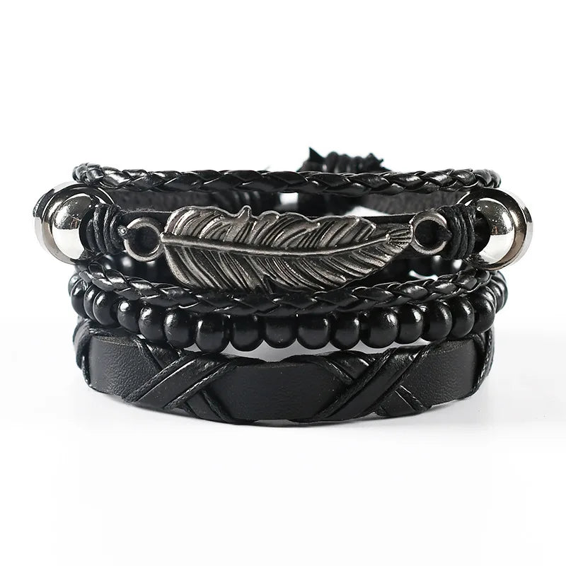 4Pcs/ Set Braided Wrap Leather Bracelets for Men
