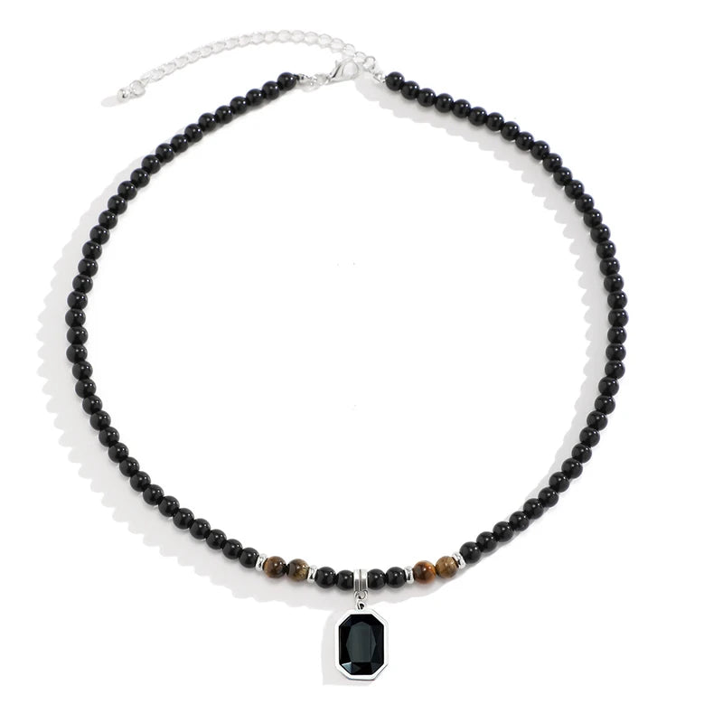 Black Beads with Square Pendant Necklace for Men