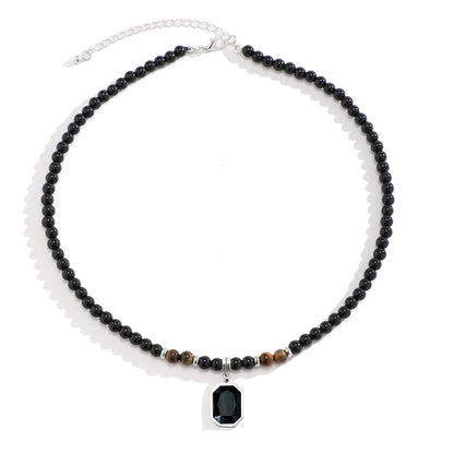 Black Beads with Square Pendant Necklace for Men