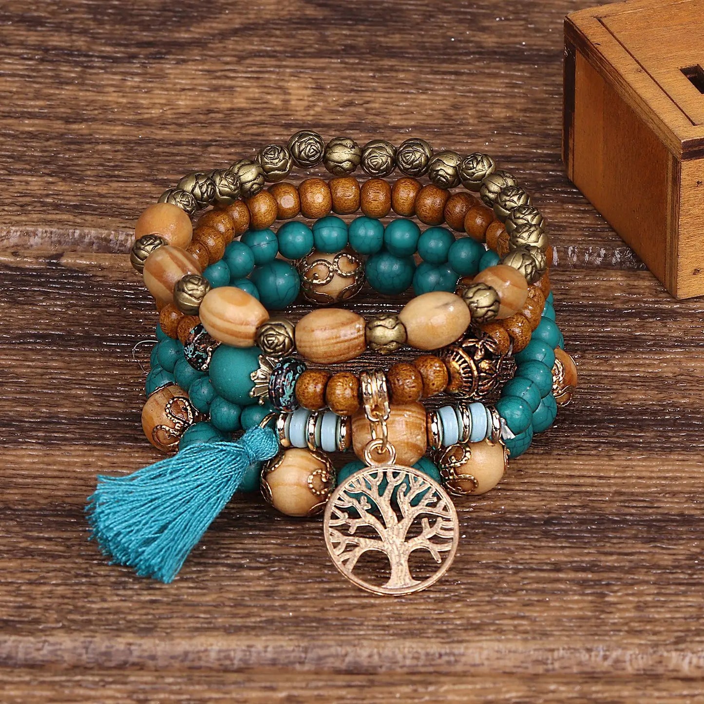 Women's Bohemian Tree Of Life Charm Beaded Bracelet Set of 4