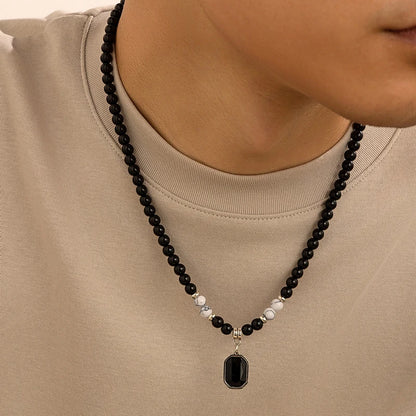 Black Beads with Square Pendant Necklace for Men